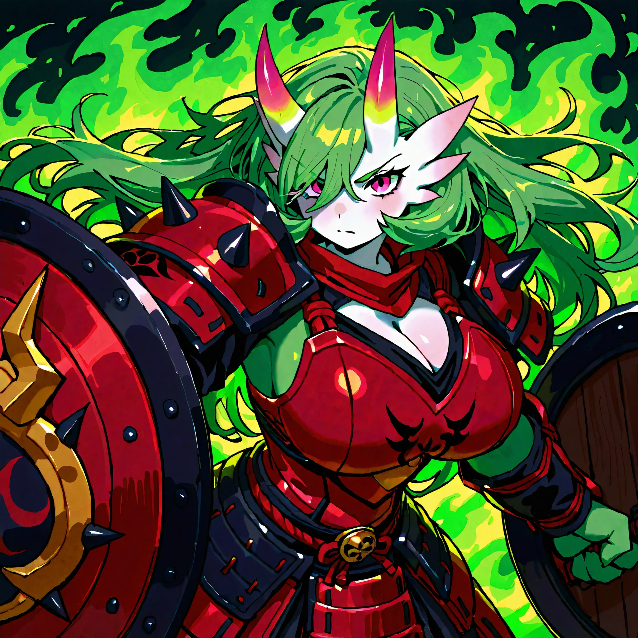 master masterpiece, 4k, score_9 , score_8_up , score_8 , score_7_up score_6_up score_5_up score_4_up, 1girl, solo, Gardevoir, long hair, green hair, oni horn, pink eyes, Green-White Skin, red chest spike, hair covering right side of face, green flames, armor, samurai armor, bulk, huge breast, shield, huge shield, big shield,<lora:se_v1_epic_style:1>