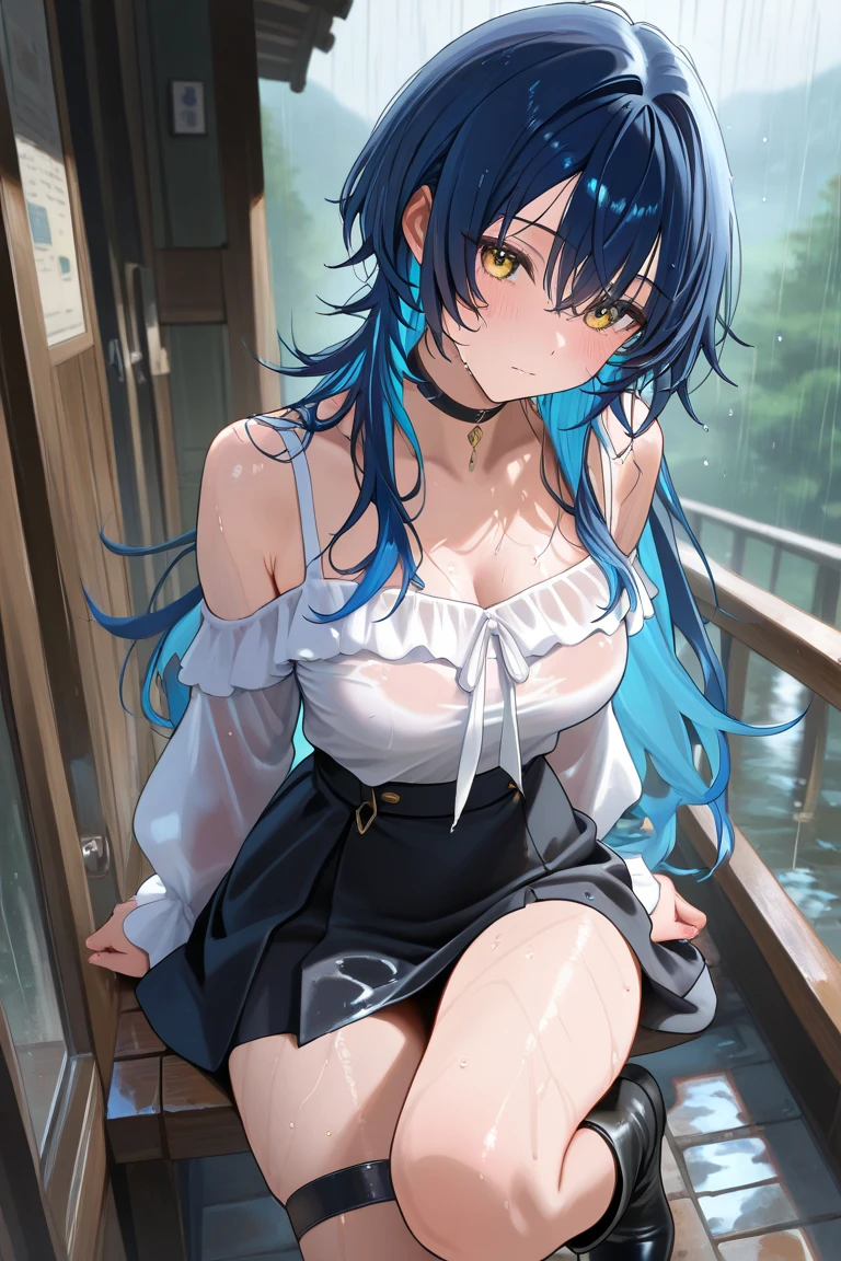 masterpiece, best quality, very detailed face, 1girl, blue hair, long hair, untrimmed hair, blue eyes, medium breasts, sweat, summer heat, wet skin, very wet, sofa, sitted, bare legs, bare arms, shirt only, sleepy, blush, full body, hot, nsfw
