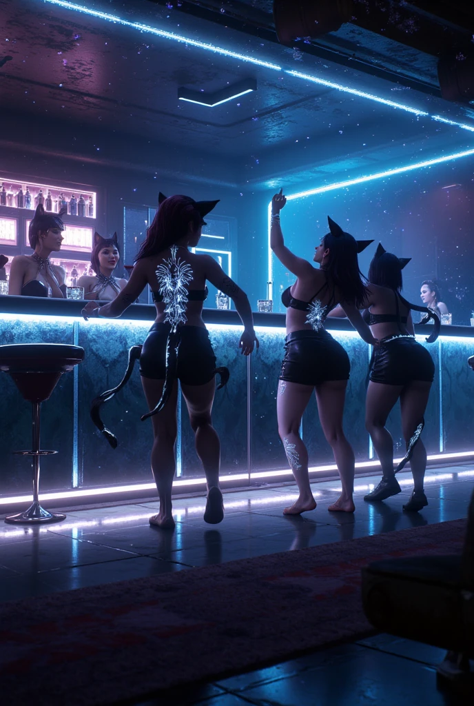 (overarching theme: (sci fi movie|1920s Flapper undertones| 1920s Charleston Dance Style)),(multiple subjects)(complex details)(a very high quality,4k,8k,highres,masterpiece:1.2), ultra-detailed, realistic, photorealistic:1.37, HDR, UHD, studio lighting, extreme detail description, professional, vivid colors, bokeh, best quality,realistic,higres,masterpiece:1.2), An Attractive Woman (Mila Kunis(age 25),(hair dyed bright color)|alien), a secret society of shapeshifting humans [scifi|fantasy], lovely inhuman eyes, wearing Princess Leia's iconic bikini, she is dancing for Han Solo in a Pleasure Bar, many aliens sit at tables, safe for work, no nudity, show her entire body, full body picture head to toe, make the men go wild, wiggle jiggle, seductive pose, magic, power of love, breathtaking, enticing, full body, entire body, show her from head to toe, show her entire body, safe for work, pasties, no nudity, lust, seductive, double check anatomy, proper anatomy