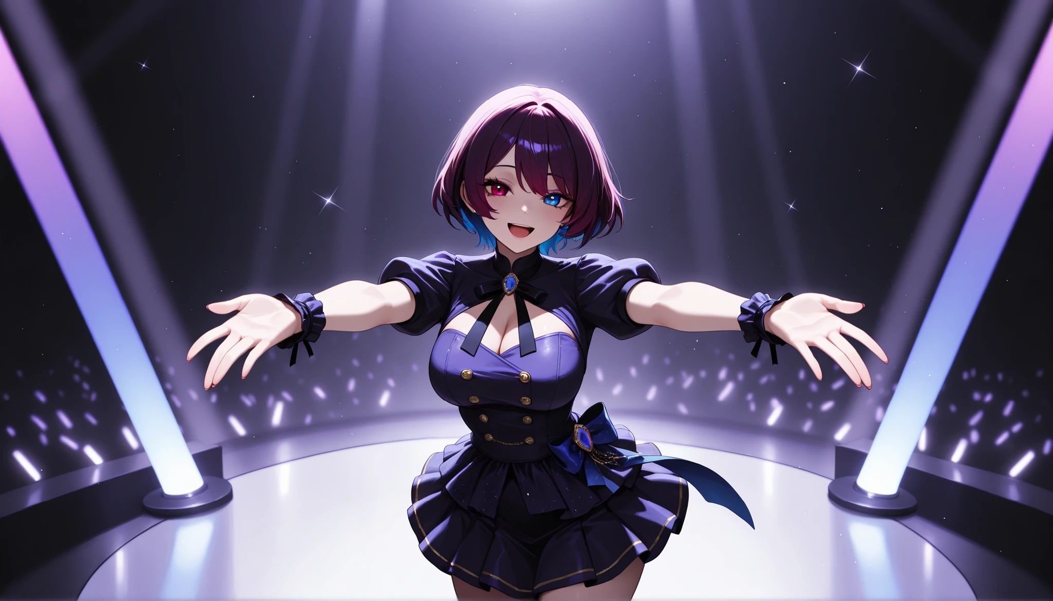 top quality, 8K, 4K, high resolution, high contrast with a silver gun,1girl, Japanese idols singing on stage, jewel, short skirt, Smiling adult woman , dark purple short hair, heterochromia iris(Red Eyes,blue eyes), eyes with highlights,(beautiful detailed face), Moderate bust, Precise and Beautiful Scenery