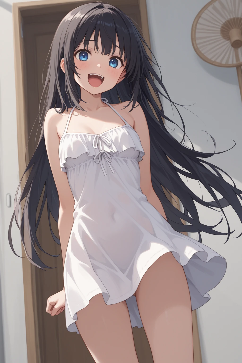 (masterpiece), Highest quality, One girl, 8-year-old, Cute  girl, Flat Chest, Black Hair, Very long hair, View your viewers, 
She wears a dress, White Dress, Sundress, Summer Dresses, See-through lace dress, micro short dress, micro mini dress, clothes without collar, She doesn't wear underwear, Not wearing a bra, Not wearing panties, Nipples sticking out of dress, (Erect nipples proclaiming their presence beneath the fabric), The material of her clothes is very thin、The body is clearly visible, Exposing shoulders, The clavicle is visible, Not wearing a jacket, She is wearing a sleeveless dress, Her dress is so small that her crotch is visible., The hem of the clothes is above the crotch、I can see your pussy, (Share:1.5), The length of the dress only reaches down to the waist, Not wearing a skirt, She has no pubic hair, 
She stands with her legs spread, Open your knees, Very shy, Wearing a straw hat, 
Behind the building, Leaning against a wall, There is a passerby behind her, blush, alley, 