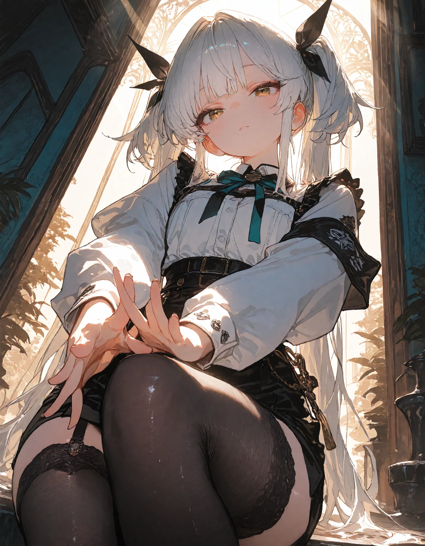 anime character sitting on a swing in a room with a lamp, small curvy loli, splash art anime loli, loli in dress, white haired deity, come from《azur lane》videogame, cushart krenz key art feminine, loli, azur lane style, anime girl in a maid costume, Guweiz in Pixiv ArtStation, gorgeous maid