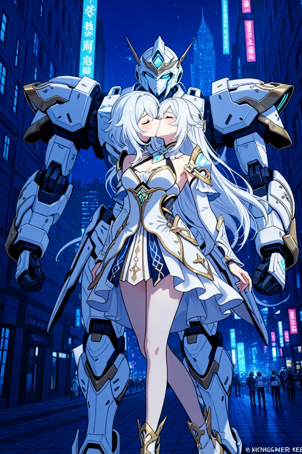 (masterpiece:1.2), best quality, high resolution, unity 8k wallpaper, (illustration:0.8), 
(beautiful detailed face:1.2, beautiful detailed eyes:1.2), perfect lighting, extremely detailed CG, (perfect hands, perfect anatomy), beautiful light big eyes, Cute, beautiful, charming lady,

shots from various angles, looking at the viewer, illustrations that show the whole body,

detailed skin texture, detailed metal texture, detailed cloth texture, superfine illustration, ((Highly detailed face)), Raw photo, Professional, Ultra-fine painting, Perfect Anatomy, real, (Solo), ((Beautiful woman dressed as a mecha angel)), Beautiful breasts, concept-art, (Battle Pose), Detailed Science Fantasy Art, (Beautiful and shiny silver hair), ((with large beautiful highly detailed mechanical wings)), (Beautiful blue eyes), (Detailed beautiful eyes:1.6), (mecha:1.6)Sleek and menacing design, (action pose), (Highly detailed marshal pearl white and sapphire blue heavy weapon long-range attack armed armor dress:1.2), Starry sky, no robot,
