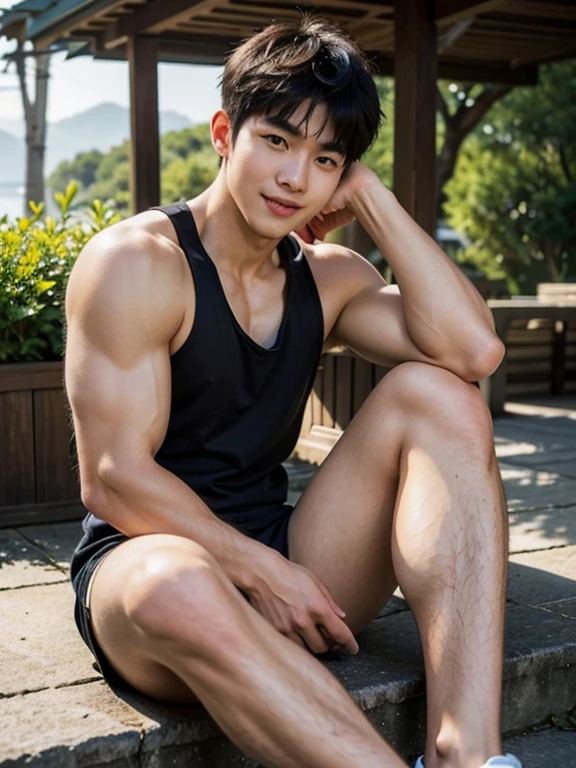 (absurderes, A high resolution, Ultra detailed, hdr), Masterpiece, Best quality, Portrait of a boy, Handsome boy with red eyes, Detailed face, Professional photo, The Alafed man is shirtless, Leaning comfortably，legs are open, (puffynipple(From below:1.1)), Focus on your audience,18 year old boy, Handsome boy, [ Firmly defined body ]，Burgundy shirt open，Abs，chest muscle，short white pants，large bulge，white shoe，On the street，