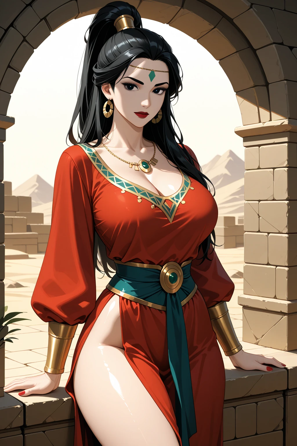 (masterpiece, top quality, best quality, official art, beautiful and aesthetic:1.2), (1girl:1.3), long wavy black hair, tanned skin, extremely detailed, portrait, looking at viewer, solo, (full body:0.6), detailed background, close up, mischievous eyes, (hot summer desert Arabia theme:1.1), Persian duelist woman, dark makeup, charlatan, smirk, mysterious, walking in desert, revealing blue and gold and sapphire Arabian harem girl attire, see through clothes, sheer fabric, poofy blue pants, tight tube top, jewelry, armlets, elaborate necklaces, blue fabric, gold jewelry, precious stones, scimitar, curved sword, ((((gigantic breasts, cleavage, skindentation)))), slim waist, slim hips, long legs, ancient (Arabian palace exterior:1.1) background, dark mysterious lighting, shadows, magical atmosphere, dutch angle,