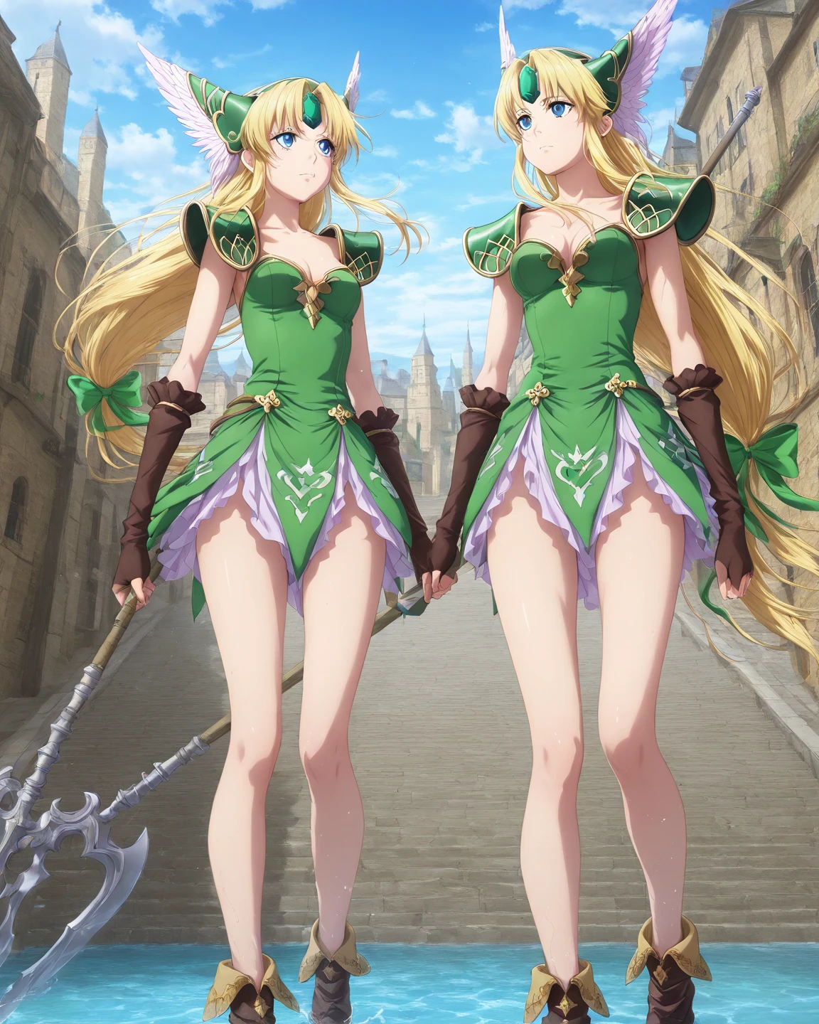 (masterpiece,best quality, 1girl, 18yo, beautiful girl:1.2),BREAK,(Armor:1.8),(Helmet with wings:1.7),(Beautiful blonde,braid,Green Eyes:1.5),BREAK,(White Dress,white panties:1.4),(She lifts her skirt to show her panties:1.4),BREAK,(blush:1.5), (blue sky:1.3),(Running on clouds:1.3),(move chart:1.3),