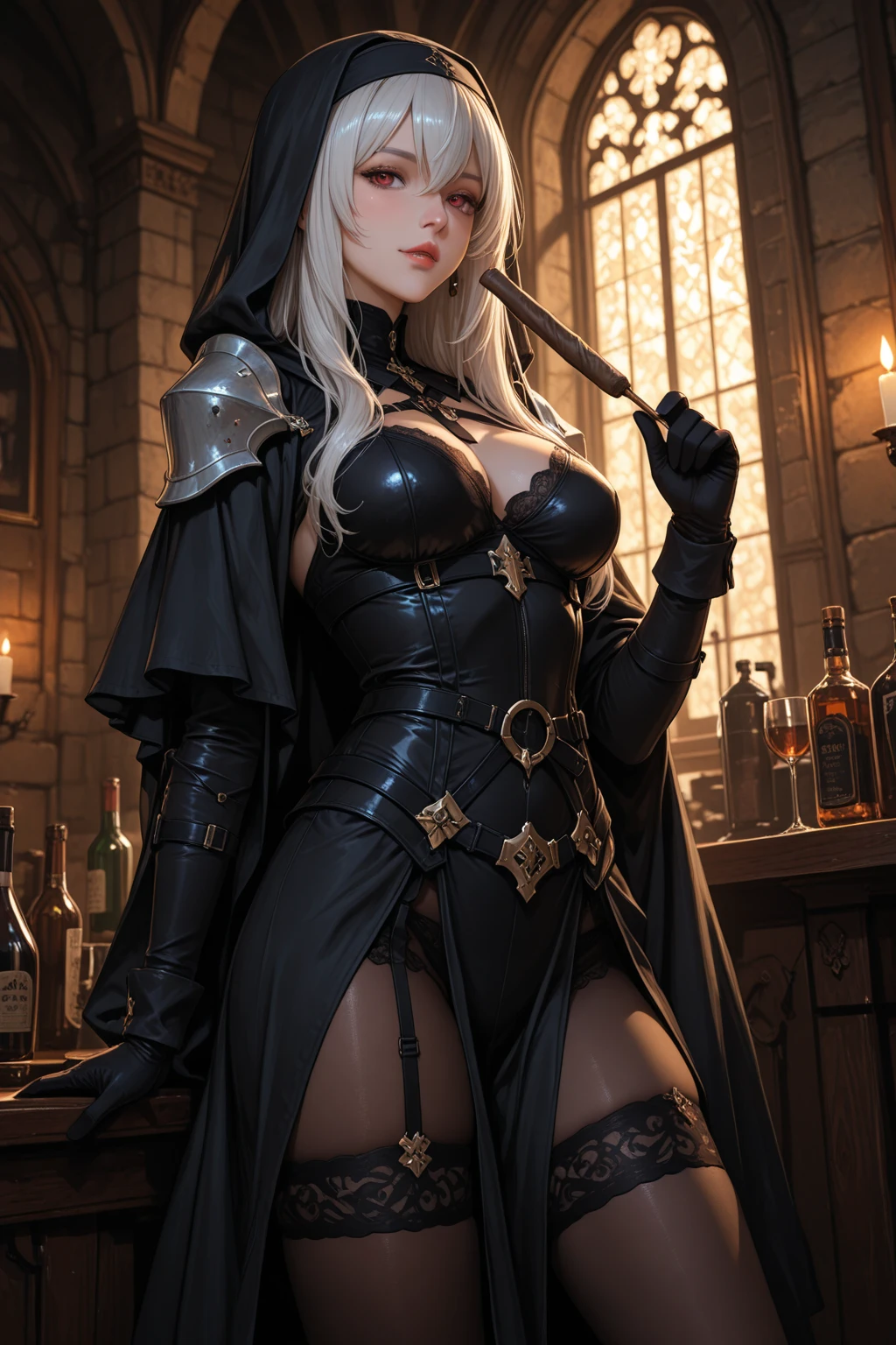 medieval setting, full view of body, 1 female elf mage,beatiful smokey eyes, silver hair, black sexy mage robe with gambeson, wizard hat, black leather pants, leather boots