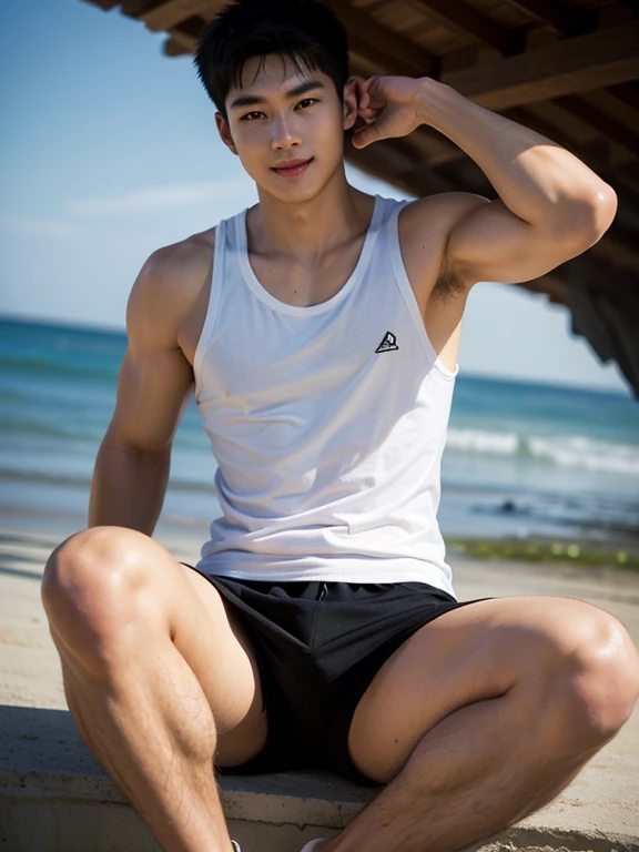 Don't close up, beach scenery, beach background, Full body photography, Crowded beach, very hot sunny day, Very micro red thong, Very hairy armpits, Very detailed finger, don't merge body, Very young Korean boy, teenager boy, (photorealistic, masterpiece, best quality), white pale skin, muscular man, hunk, charming, attractive, wearing necklace in his neck, completely naked , Realistic, fully naked, nude, perfect , male , modeling for a photoshoot, editorial style, handsome man, detailed face, Topless, shirtless,  boy, very young boy, Cinematic soft lighting illuminates a stunningly detailed and ultra-realistic handsome korean male supermodel, ultra messy curly hair, clear honey eyes, captivating perfect smile, sensual, hot man, insanely handsome, showing off his sweaty body, very sixpack muscular body build, slender, toned, full body, 8k, photography, masterpiece, detailed face, detailed eyes, detailed hands, in the crowded showing off his very bushy hairy armpits, only wearing very thin micro white thong with big hard dick print bulge, very wet body, very sweaty body,