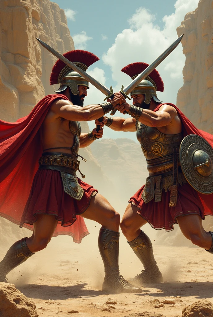 Spartans in a confrontation with each other in a military training with swords and shields
