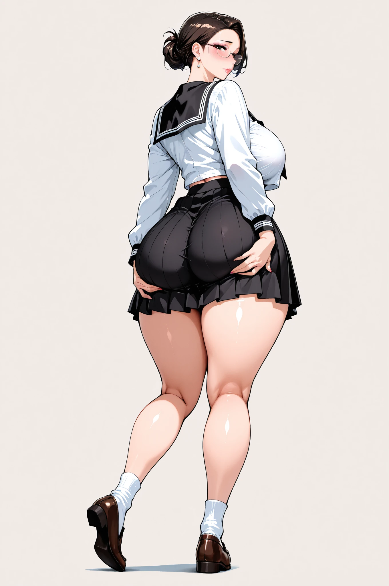 huge breasts, big hips, sailor suit, mini skirt, full body shot, Mature mother, Whipping the lower body, plump thighs, calf, bewitching mature woman, perfect body, plus size model,