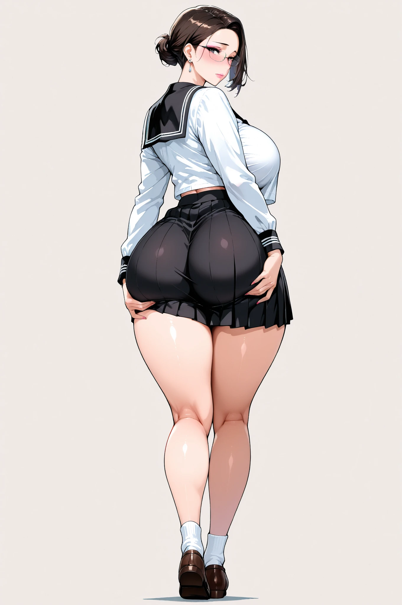 Atago (Azur Lane), 1 Female, Solo, Long Hair, Breasts, Looking at Viewer, Blushing, Smiling, Bangs, Skirt, Huge Breasts, (Huge Breasts: 1.8), Big Butt, (Big Butt: 1.8), Simple Background, Black Hair, Knee Socks, Gloves, Long Sleeves, White Background, Ribbon, Animal Ears, Brown Eyes, Underwear, Hair Ribbon, Yellow Eyes, Thighs, Shiny, Looking Back, Black Knee Socks, White Gloves, Mini Skirt, From Behind, Mole, Uniform, Military, Mole Under Eye, Military Uniform, Garter Straps, White Skirt, White Ribbon, Extra Ears, Pencil Skirt, Panty Lines, Butt Facing Viewer