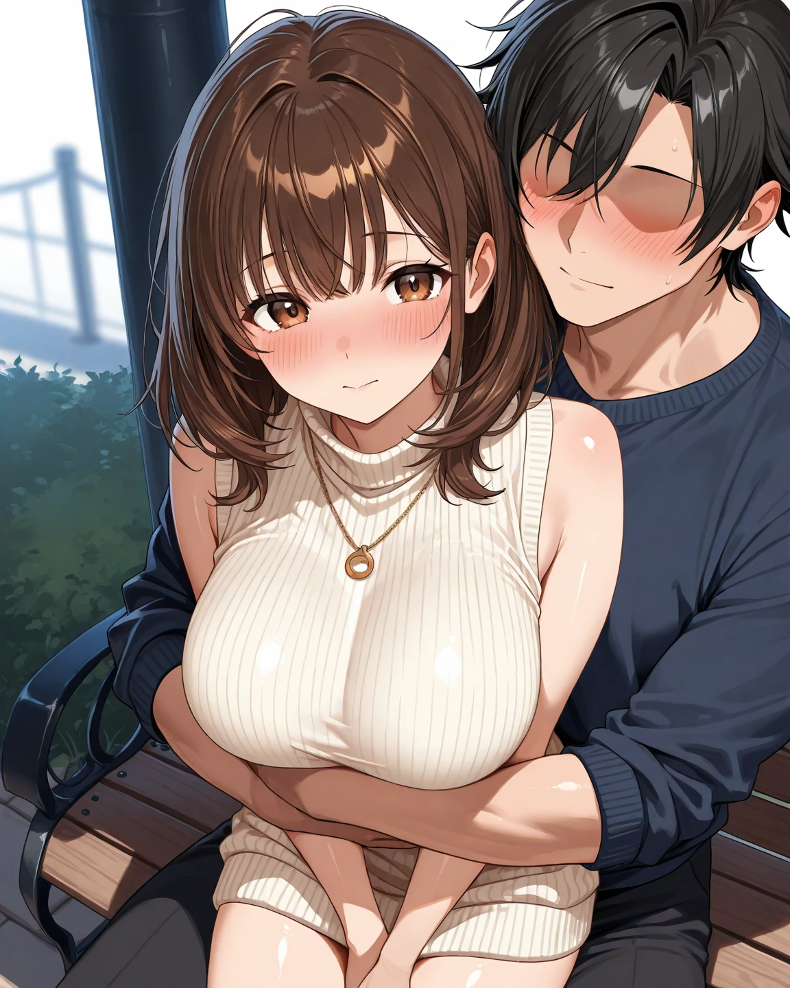 nsfw,hyperrealistic smooth anime,adult curvy gyaru,tanned gyaru,(young casual boy holding woman in left arm and grabbing her breasts),dark brown hair,earring,off-the -shoulder plain blouse,patterned short skirt,(happy and embarrassed),at train,in heat,look at man,sideshot,sweaty