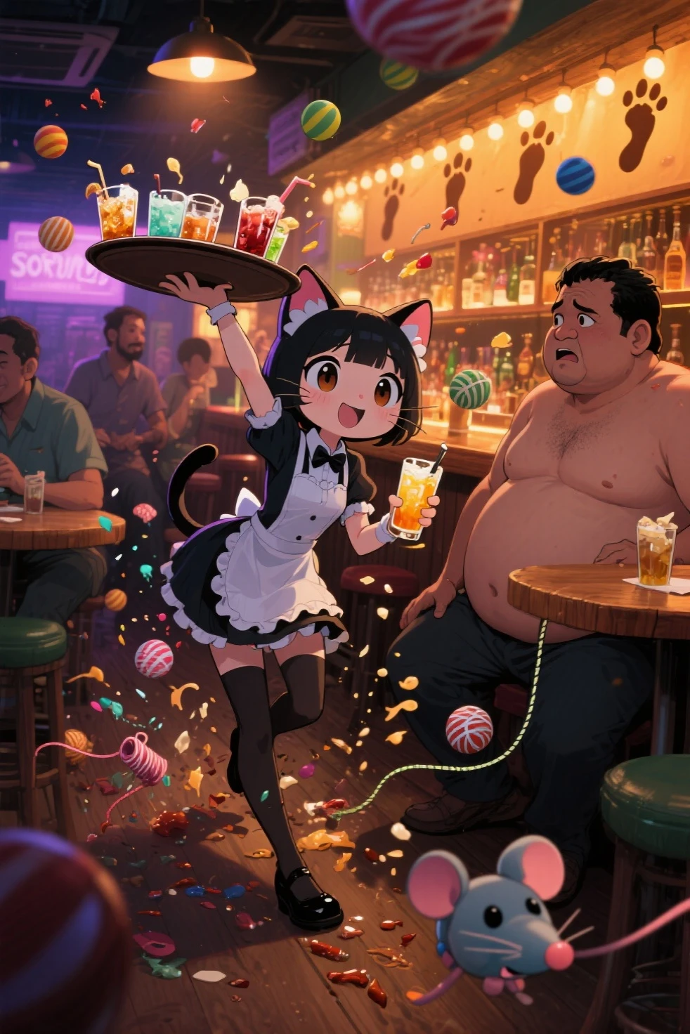 Konsep:
A chaotic and adorable catgirl bar, full of energy and fun.

Karakter Utama:
A chibi catgirl waitress carries a large tray twice her size, struggling to balance drinks.

karakter lain:
customer A middle-aged obese obese Malay male already Naked round Very Short Hair

action/interaksi:
Customer look confused but amused as the scene unfolds with animated chaos.

latar belakang:
A cozy night bar with warm lights, perabot kayu, and foot-print wallpaper.

Sorotan Visual:
Drinks spill in the air, bola-bola benang,  toy mouse .

Lighting and atmosphere:hangat , pencahayaan lembut. Fun and  atmosphere.