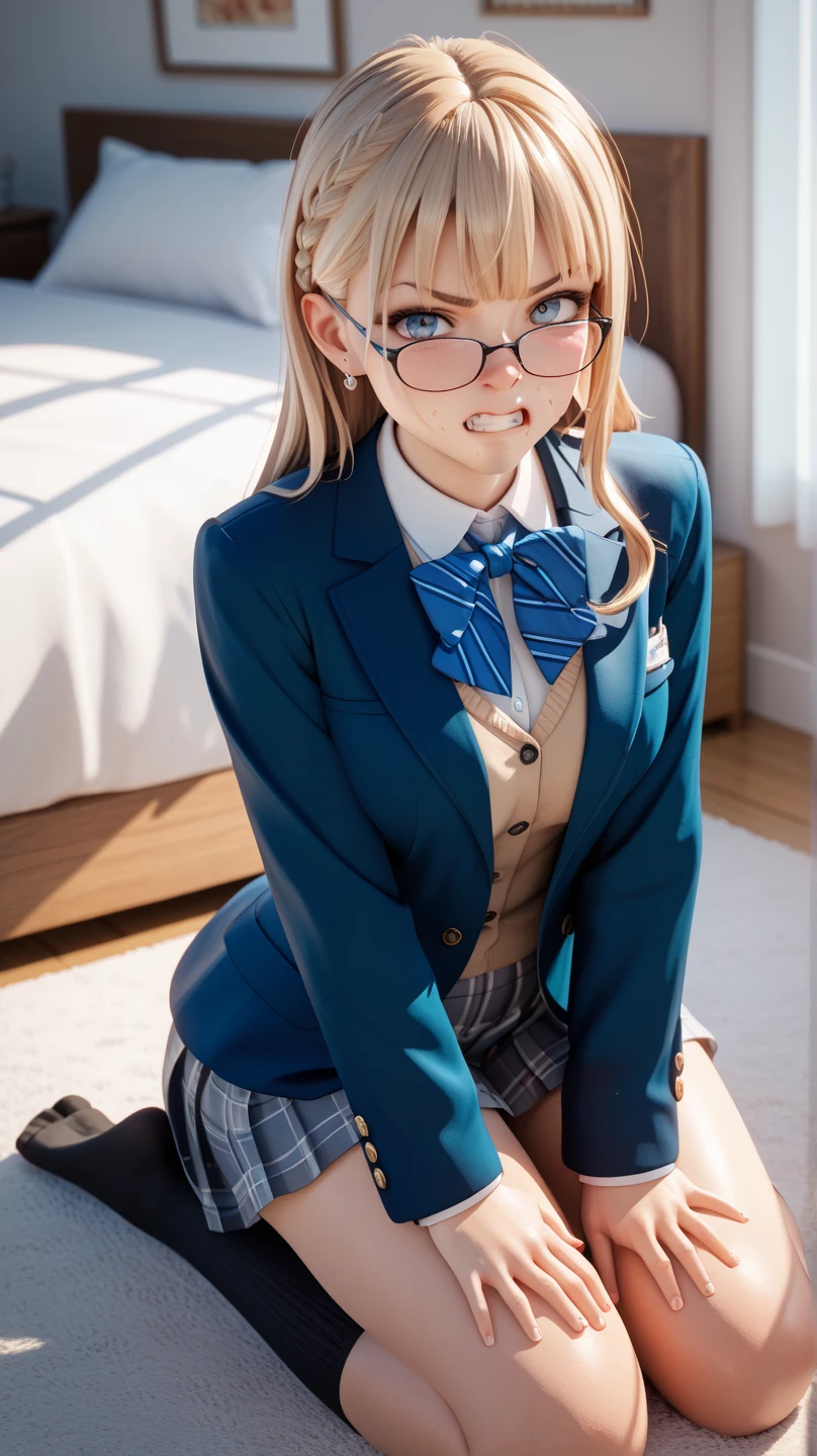 akizuki airi. oni chichi, masterpiece, best quality, super detailed, illustration, flat color, depth of field,
1 girl, young, anime, bent, behind, full-length, blonde, twintails, looking at the viewer, red pleated miniskirt, wet white button-down shirt, school uniform, serafuku, blue tie, no bra, black tights, small backpack, detailed leather texture, detailed fabric texture, beautiful detailed face, big breasts, blue eyes, pregnant, tired, pink panties, black glasses