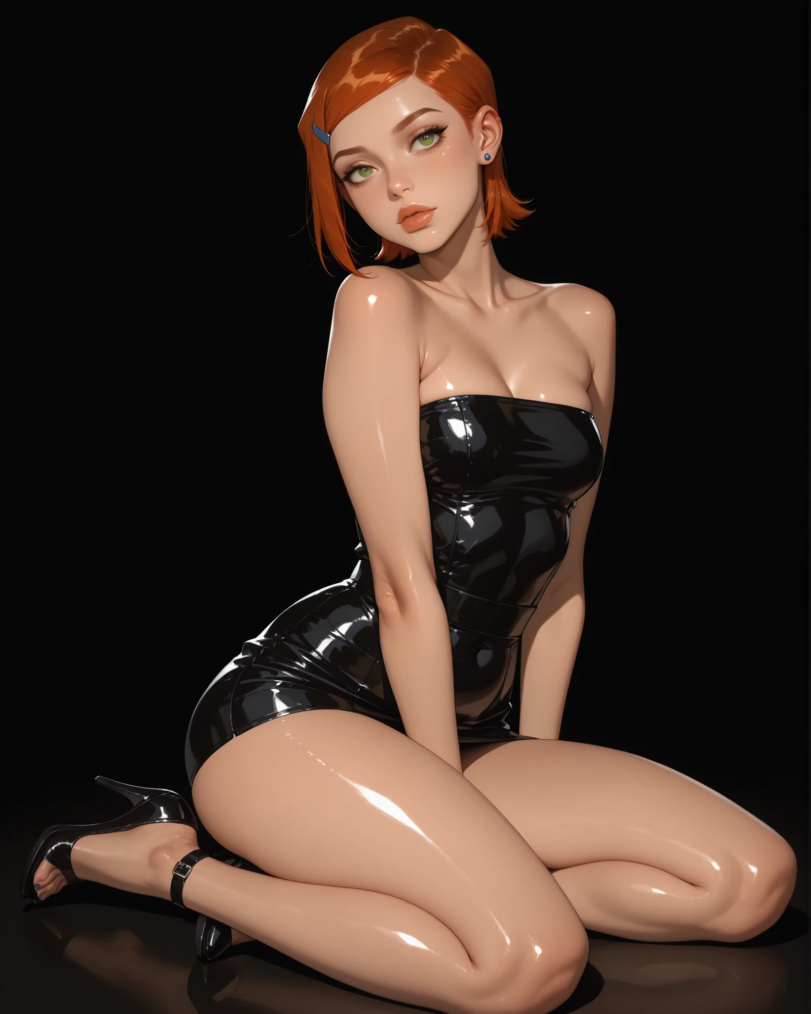 masterpiece, best quality, amazing quality, hyper-detailed,, Gwen Tennyson , Ben 10 Alien Force character , short hair , hair clip , orange hair , , plump lips, shiny body , shiny lips, , slim , body , sexy figure , medium chest , , dark background , deep auburn or reddish orange hair color , long and sleek , side parted ,tucked neatly behind one ear ,wearing a black closed toe -high heels ,wearing a sleek strapless mini dress , jet black color , body hugging