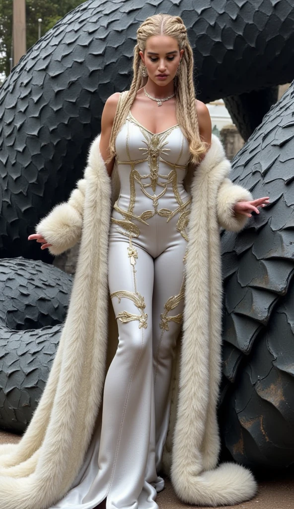((Full body photo, standing, feet on the floor)) high quality, 8k, hyper realistic, highly detailed, intricate, photorealistic, cinematic lighting, dramatic, 1 beautiful woman, blue eyes, long white hair, colorful ornate clothing, futuristic jewelry, dynamic pose, stunning, powerful, epic, cinematic, illustration, concept art
