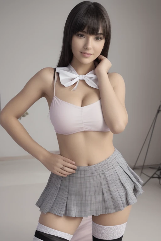 Bright room、Two girls in the bedroom,Long-sleeved white shirt and pale pink bow tie,Checkered Pleated Micro Mini Skirt,White Thong,18-year-old,bangs,Smile a little,Thighs,knees,share,Low Ponytail,One of her shirts is lifted up to reveal her beautiful breasts.、スカートが捲れて美しいshare間が確認できる