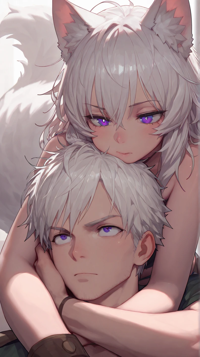 Girl with white hair, sitting next to a white-haired boy on the bed, both of them laying in their SFW attire, she wearing a white bra and white panties, he with defined abs, the bedroom scene exuding a cozy, morning ambiance, the white-haired brother closing his eyes in sleep.