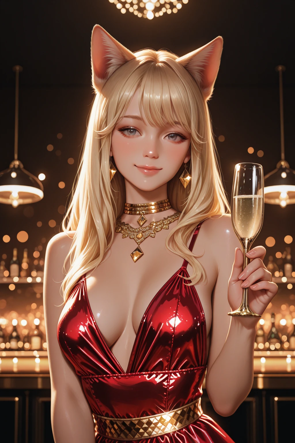 ((point of view)) ((in love, she is in love, she loves the viewer))((romantic dinner date, champagne, Canddles)) ((tall and sexy russian supermodel)) ((beautiful face)) ((wide and happy smile)) ((bright red lipstick)) ((very dark eyeshadow makeup)) ((Big bright blue eyes)) ((very long and messy blonde hair)) (()) ((very big chest:1.5)) ((perfect slim body torso1.3)) ((she is wearing a red strapless sequin dress)) ((red choker, earrings, red stockings)) (())((Inside the dark room sit on a chair having a romantic dinner, many Canddles around))(high resolution, DYNAMIC SHADOWS)((photorealistic:1.5)) ((Masterpiece:1.3)) (8k) (Perfect face) ((Best Quality:1.4)) (Perfect hands and eyes)