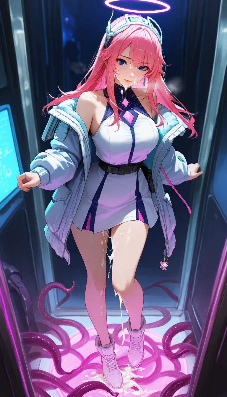 1girll, Masterpiece, Highest quality, Best quality, , Highly detailed, Best Illustration, Glowing hair, Ray tracing, Half realistic, Columbina, Pink hair,White mask, Lingerie, Super huge chest Sailor suit, Classroom, view the viewer
