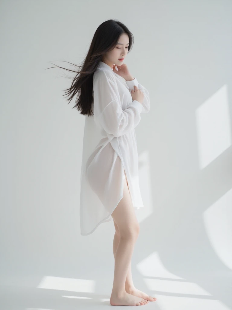 Japanese woman, long hair, brushing her hair back, beautiful face, short-sleeved white Y-shirt, bare legs, beautiful legs, tall, stiletto heels, model pose