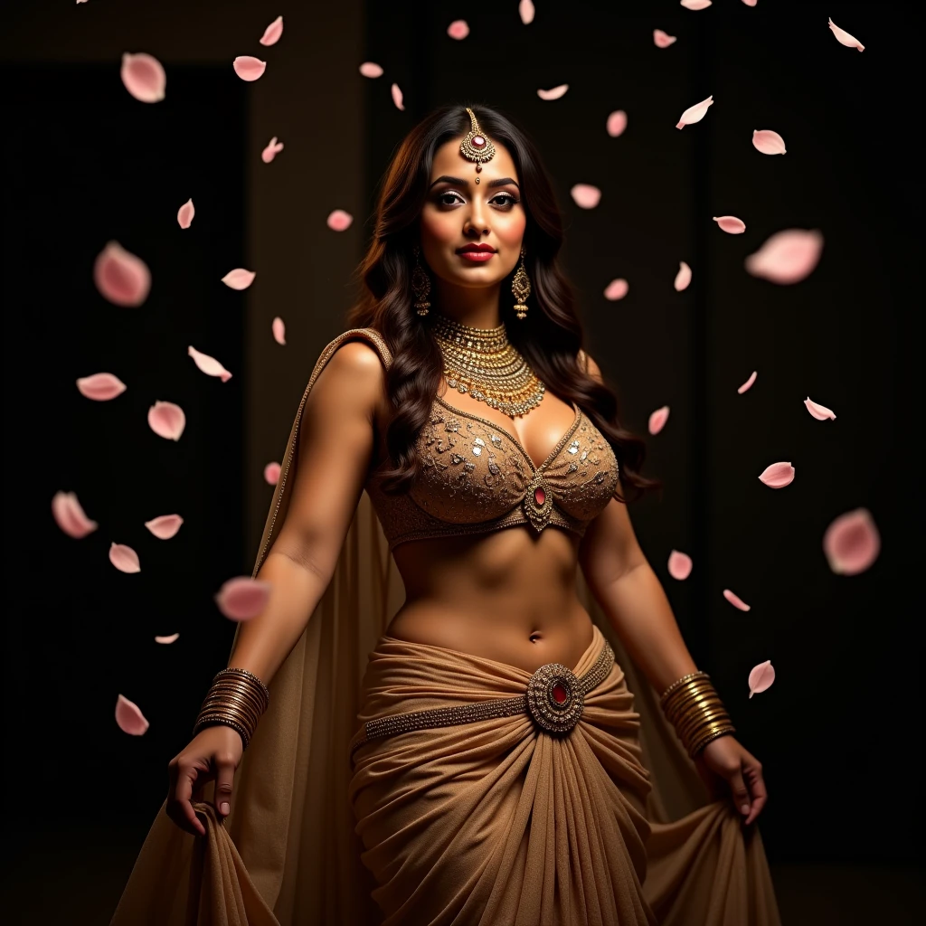 Fantasy image of Rimi Sen as a beautiful fairy, with translucent thong, large boobs, open boobs, wearing a strapless and a transparent sarong, in a palace, front view