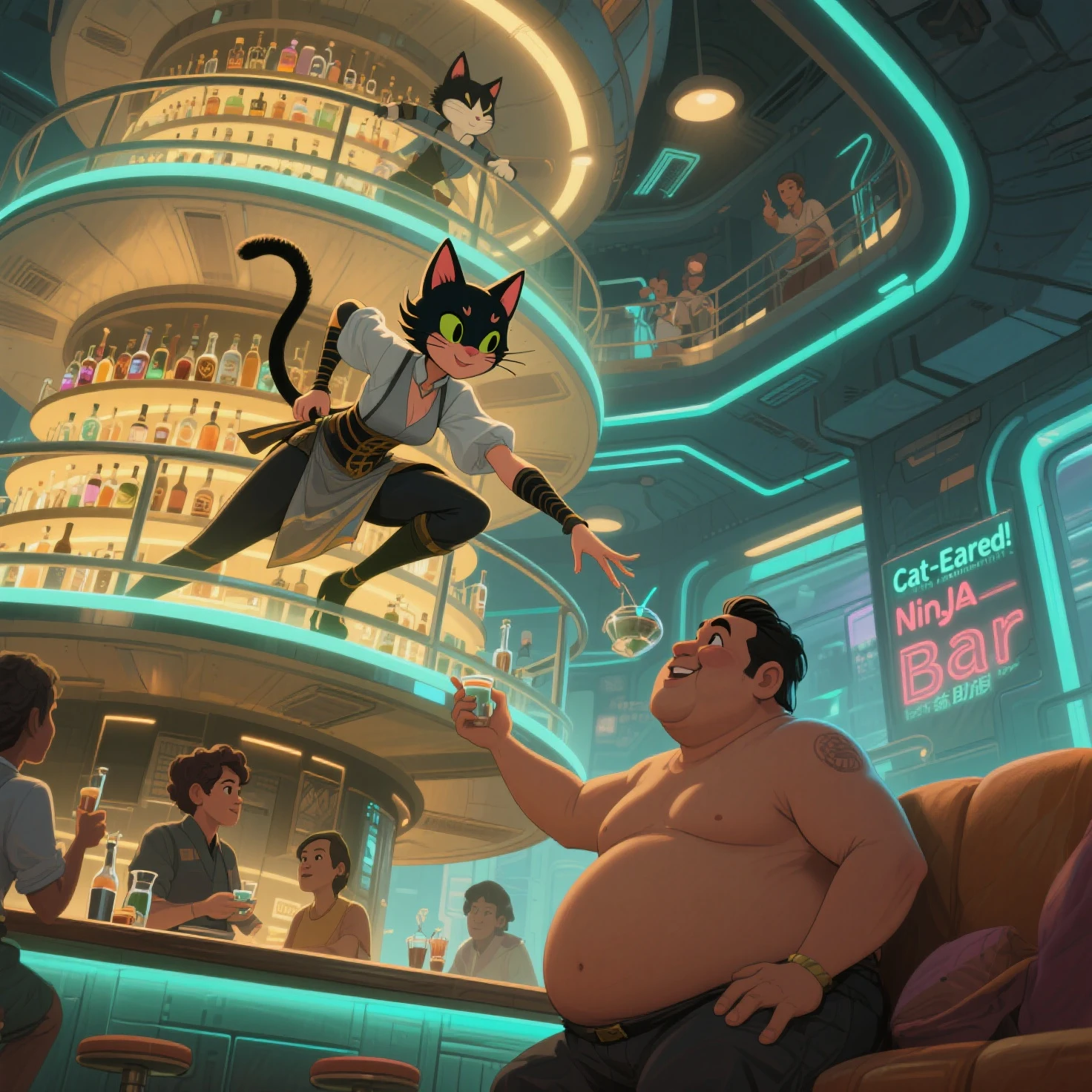 High-Perch Hospitality: The Ninja Neko's aid
pixar style illustration, "Cat-Eared Bar" tema.
Inside a futuristic **Cat tower-style bar**, gesit **Cat-eared staff member** (female, Wearing elegant clothes, showcases his impressive physical abilities) actively helps customers A middle-aged obese obese Malay male is already Naked round Very Short Hair. Customers experience a multi-purpose futuristic cat tower bar light level, kiat santai, sedikit nyaman. Cat-eared server, with incredible agility, This scene emphasizes the unique blend of bar service and attentiveness as the cat, Ninja Neko Help
Pixar style illustration. comfortable perches where customers feel safe and relaxed, mungkin mencapai, invites lighting around with futuristic neon accents. This perspective highlights the unique architecture and active role of staff.

** kamera :** a **Wide shot medium dynamic**, tilts slightly from above or below to capture the verticality of the cat tower bar and the agile movement of the staff member. Cahaya harus.
**pencahayaan:** Lembut, is in the act of guiding or entertaining customers, all designed for comfort and unique service. The light should gently illuminate the customer who relaxed and nimble staff members.
**latar belakang:** a detailed, creating a cozy yet modern bar atmosphere, with high platform, nimble comfortable angle, and possibly luminous lane, bartender outfit with elements ninja. yang sempit. Other customers seen, enjoying the atmosphere.