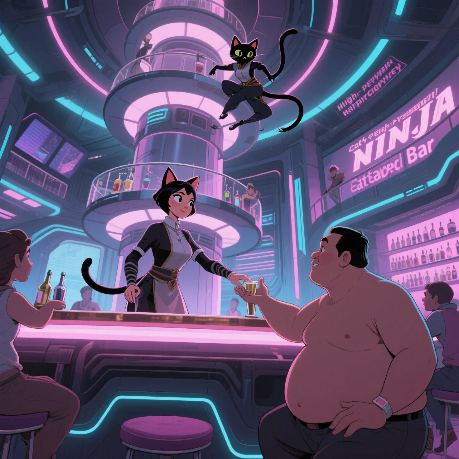 High-Perch Hospitality: The Ninja Neko's aid
pixar style illustration, "Cat-Eared Bar" tema.
Inside a futuristic **Cat tower-style bar**, gesit **Cat-eared staff member** (female, Wearing elegant clothes, showcases his impressive physical abilities) actively helps customers A middle-aged obese obese Malay male is already Naked round Very Short Hair. Customers experience a multi-purpose futuristic cat tower bar light level, kiat santai, sedikit nyaman. Cat-eared server, with incredible agility, This scene emphasizes the unique blend of bar service and attentiveness as the cat, Ninja Neko Help
Pixar style illustration. comfortable perches where customers feel safe and relaxed, mungkin mencapai, invites lighting around with futuristic neon accents. This perspective highlights the unique architecture and active role of staff.

** kamera :** a **Wide shot medium dynamic**, tilts slightly from above or below to capture the verticality of the cat tower bar and the agile movement of the staff member. Cahaya harus.
**pencahayaan:** Lembut, is in the act of guiding or entertaining customers, all designed for comfort and unique service. The light should gently illuminate the customer who relaxed and nimble staff members.
**latar belakang:** a detailed, creating a cozy yet modern bar atmosphere, with high platform, nimble comfortable angle, and possibly luminous lane, bartender outfit with elements ninja. yang sempit. Other customers seen, enjoying the atmosphere.