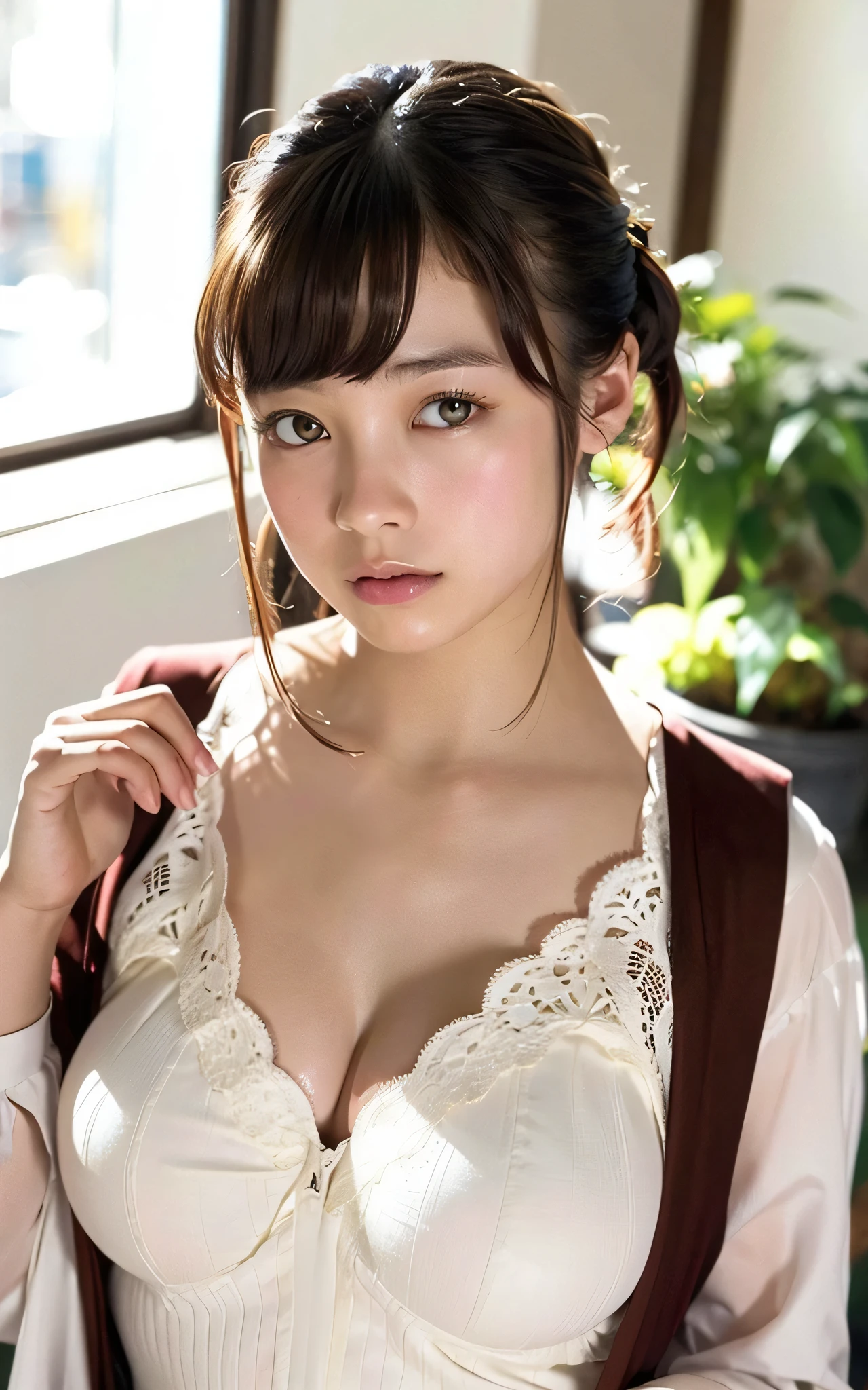 ((best quality, 8 thousand, masterpiece: 1.3)), (25 year old woman), ((small face:1.3)), (glowing skin:1.3), (huge sagging breasts:1.2), Highly detailed face and skin texture, detailed eyes, double eyelid, realistic, Highly Detailed CG Integrated 8 thousand Dendenden Wallpapers, Detail, High quality RAW color photos, professional photography, (8 thousand, RAW photos, best quality:1.2), realistic, Highly Detailed CG Integrated 8 thousand Dendenden Wallpapers, Detail, High-quality RAW color photos, professional photography, (8 thousand, raw photo, top quality, table top:1.2), (realistic, realistic: 1.37), ((Beautiful woman sitting in a pretty cafe)), cute ruffle dress, thighs, nude ,show tits