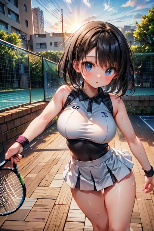 (Masterpiece,  best quality1.2), Raw picture of a Beautiful woman, tennis outfit, white bra, mini skirt, 1girl, (solo:1.2), (black hair), ponytail, parted hair, hair strands, beautiful eyes, (blue_eyes), pale pink lips, slender body, body curves, abs, sweaty, exposed naval, medium breasts, (hands on back), leaning forward, (looking at the viewer, (blush), (smile:1.2), closed eyes, (saggy breasts), (cowboy_shot), vivid colors, ultra-detailed, (absurdres:1.2), 8K, HD, professional photography, natural lighting, tennis court background, green trees, tennis net, bright sunny day, facial expressions, (detailed face), thick eyebrows, leaning forward, (blurry_background), (facial details)