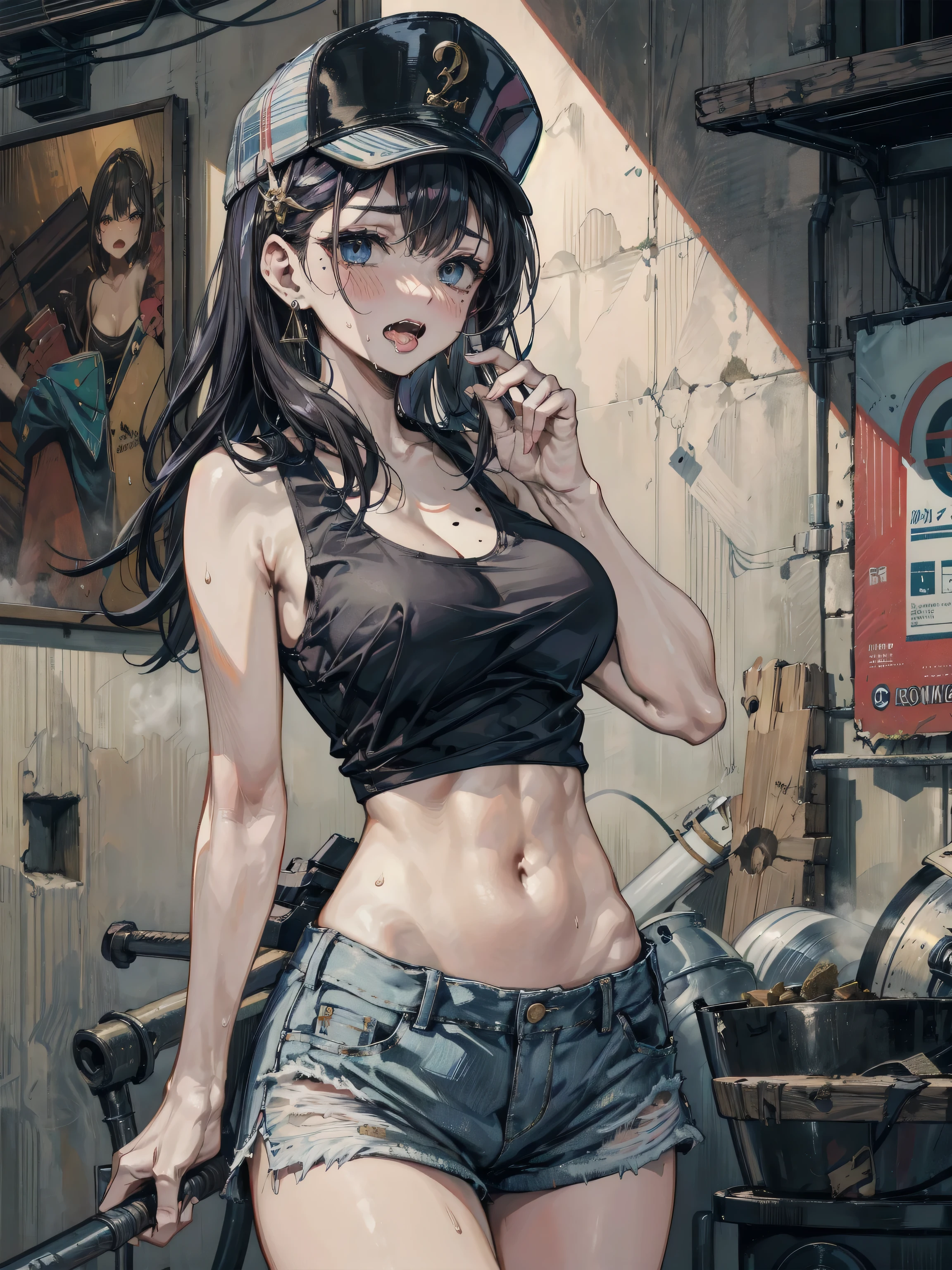 girl working as a mechanic, underboob tanktop, ripped denim pants and cap, sexy pose, sweat, glossy skin, big boobs, see hands