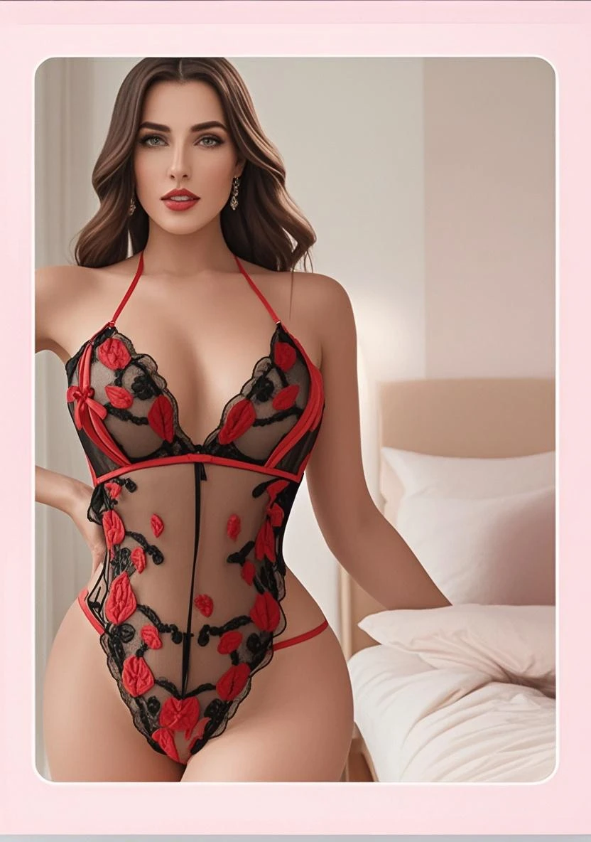 Aline Santos, the famous Secretary, nasceu em 02/07/02, Today he is 21 years old, she is of the sign of Cancer, com 1.65m, pesando 57kg, the color of her skin is brunette, ela tem olhos castanho, cabelos preto e longo, Your breasts are medium, your waist is small. Your hip is big, she's wearing a red lace dress with slit look, sapatos de salto alto, in a Studio setting with white background, with soft and elegant lighting, the pose is Standing, with his hands in his pockets and looking out over the horizon, Creating a relaxed pose, the framing is Half-body portrait, emphasizing the posture and hands of the model, com foco no(a) Foco no Sorriso, red lips, chromatic aberration abuse, UHD, retina, masterpiece, ccurate, anatomically correct, textured skin, super detail, high details, high quality, award winning, best quality, highres, 1080P, HD, 4K, 8k, 16k --q 5