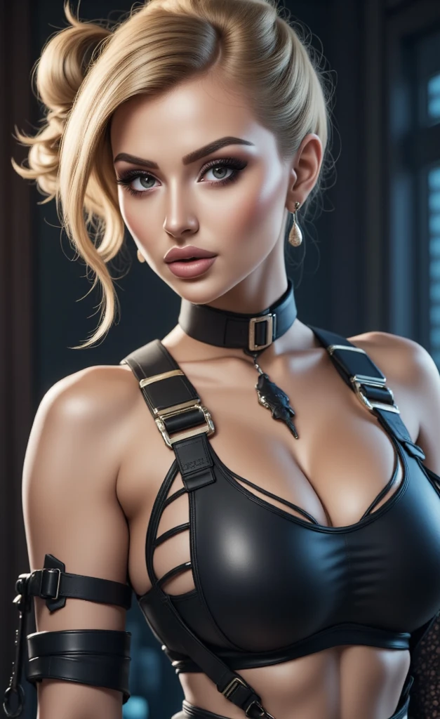 Gorgeous european woman with very short hair,  hair in a ponytail with a fringe, wet hair, hair slicked back, combed straight back, slick hair, streaked blonde hair, seductive pose, sabrina carpenter, dressed in a chainmail costume, cleavage, solid dark grey background