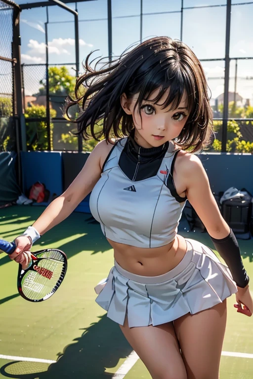 (8K, Raw photo, Best Quality, masutepiece:1.2), (Realistic, Photorealsitic:1.37),1 girl,Beautiful,Powerful, (Solo),A detailed face, Dramatic Angle,
tennis Uniforms skirt ,Sports, Look away,Sporty,Wet skin,Sweat,Large breasts,nice legs,tennis Venues,