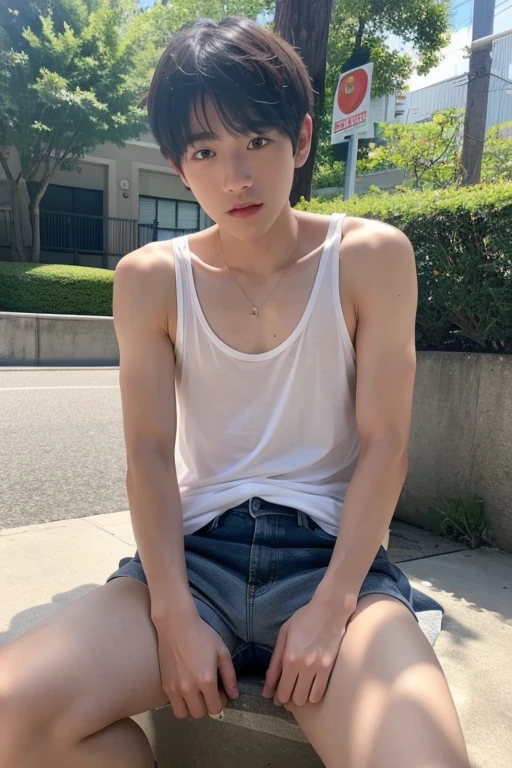 One beautiful boy、A cute boy、18-year-old、Japan boys、Upper body naked、In town、erection、Big eyes、Shorts,erection,marathon,nude
