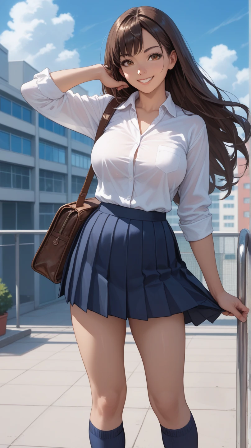 ((table top, highest quality, High resolution, nffsw, perfect pixel, 4K, nffsw, nffsw))), 1 girl, single, alone, beautiful woman、I could see the whole body、 ((medium length wavy hair, bangs, brown hair)), ((brown eyes, beautiful eyelashes, realistic eyes)), ((detailed face, blush:1.2)), ((smooth texture:0.75, realistic texture:0.65, realistic:1.1, Anime CG style)), medium breasts, dynamic angle, perfect body, ((school uniform, white shirt, black skirt, unbuttoned shirt、plaid skirt、not wearing shoes、white socks)), classroom without people、sit at desk、Lower'I took my foot off the desk.......................................、evening、、、Very embarrassing panic smile、(lift the skirt with your right hand、open both legs、open your knees wide、Yellow floral lace panties)、、(Cute floral bra)、angle from below