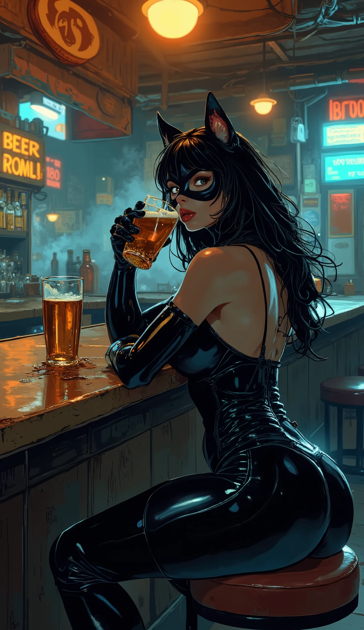 Catwoman at the bar of a bar drinking a beer chop, dynamic pose, counterposed angle of the camera