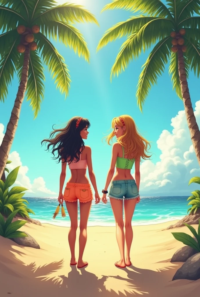 Two stunning women with hourglass figures, one with sapphire eyes and blonde hair, the other with emerald eyes and black hair, on a cliff overlooking the ocean. They are wearing playful, sexy outfits or nothing at all, smiling peacefully. The style is realistic with a focus on ocean scenery.