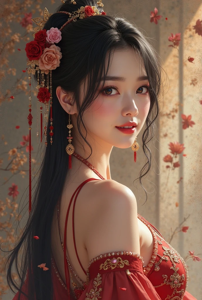 1girl, 独奏, long hair, black hair, hair ornament, dress, bare shoulders, jewelry, collarbone, upper body, flower, earrings, indoors, hair flower, black eyes, lips, red dress, realistic, red lips，(Best of quality at best,4K,8K,high resolution,tmasterpiece:1.2),Extremely detailed,(current,currentally,currentally:1.37),Perfect of female gender body,Slim waist,Detail fingers,Slender legs,frown,Face red,Tension,Gender,Beauty of_Face, Photos of Fabao Deshi, tmasterpiece, RAW photos, Studio light, Best of quality, (Detailed Faces, Refined skin texture, Extremely detailed),current,(8K, RAW photo, Best of quality, masterpiece:1.2), (photocurrent, current:1.4), (200mm Sigma f/1.2 Zeiss lenses, f1.2, 1/200s, ISO 100, photograpy:1.4), (professional Lighting, Light, soft Lighting, Bright:1.2), Exquisite, Extremely detailed, Beauty of, extremely detailed eyes and Face,,depth_of_Place,Sports_Blur of,bokeh,photo_(Medium),photo_background,photocurrent, floral pattern, Bright skin, Fascinating Light, decorate, Natural Light, shallow depth of Place, Romantic environment, Dreamy soft tones, Peculiar details, Photographed in,
