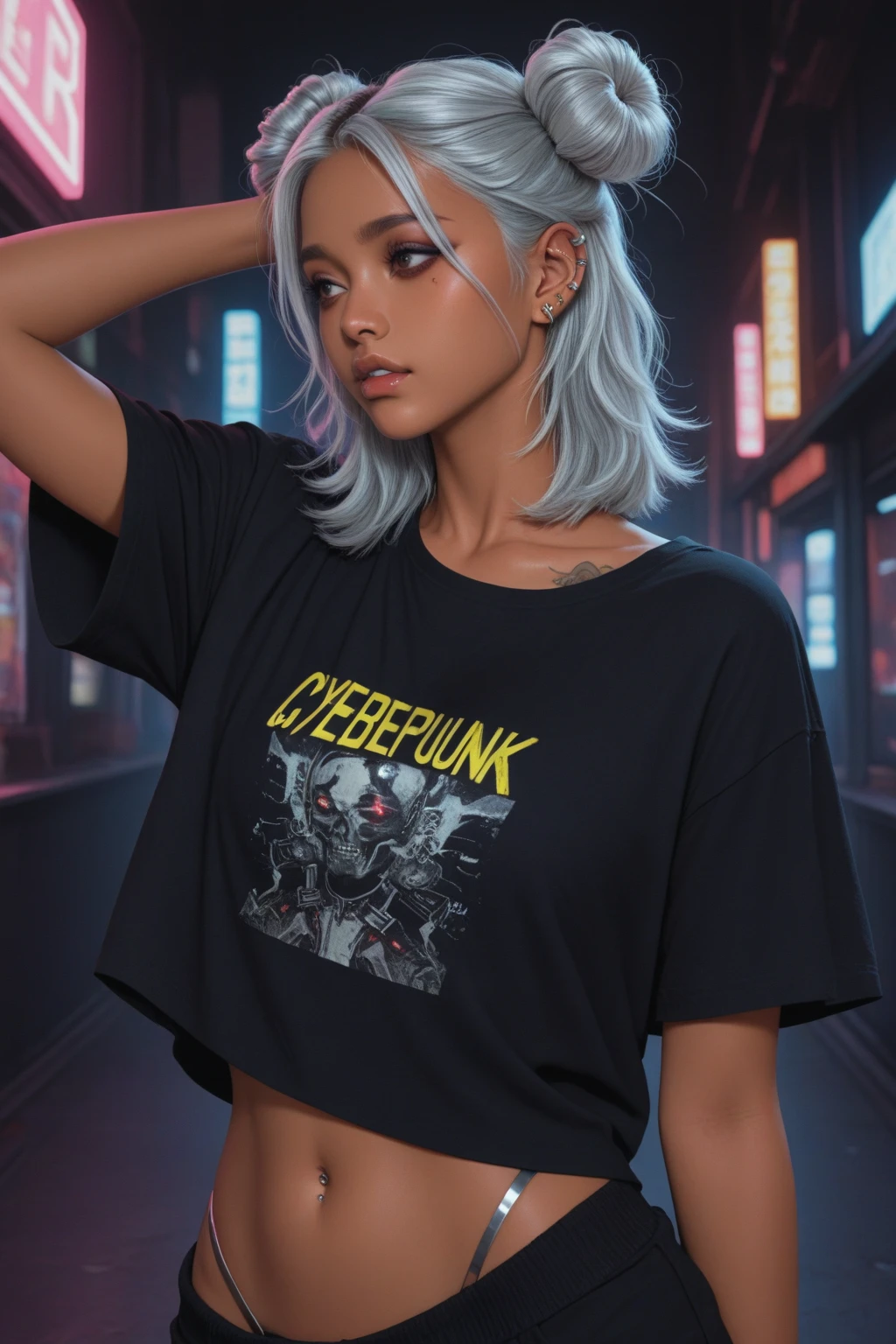 Top Quality, Masterpiece, High Resolution, 8k, (cute skinny barely legal girl ((((in oversized loose satin tank shirt with deep cleavage, deep neckline)))) and tight leggings, ((small perky breasts)), beautiful detailed eyes, beautiful detailed lips, small closed mouth, extremely detailed face, tanned skin, random long hair style, small hips, some tattoos), (((in cyberpunk apartment, random pose next to a couch))), moody atmosphere, dramatic and random neon colors, futuristic setting, intricate details, at night, backlit, full body shot, view from distance