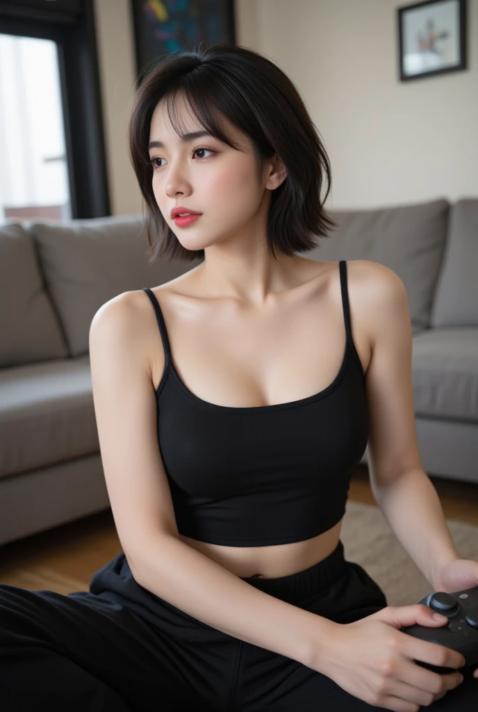 ((top quality、8K、master masterpiece:1.3))、smiley face、:1.2、perfect body beauty:1.4、slim abs:1.2、((layered hairstyle、huge breasts:1.2))、Highly detailed face and skin texture、detailed eyes、double eyelid、Looking at the camera, short tank top, Close-up shots, short skirt, Panties visible through skirt, Hands behind your back ,front view, sit down and spread your legs