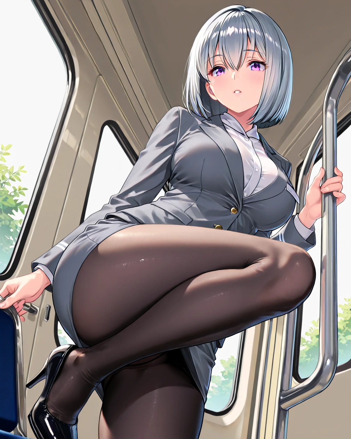 masterpiece, Highest quality, Absurd, Perfect Anatomy, Beautiful background, Beautiful Face, Beautiful body, One person、Masturbation(Portraiture、from the front)(Lace panties、High heels)ponytail、ribbon、smile、office lady、Gray office suit、(Sit on a bus stop bench)