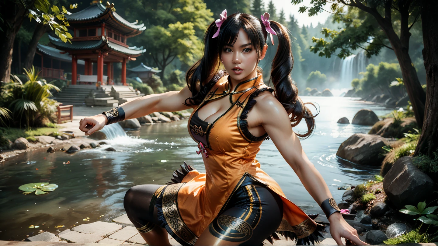 ((maximum quality, full body, hyper-realistic, 16k, high definition, detailed detailed piece)) master piece, a beautiful young indigenous Japanese woman, Ainu, black hair, very hot, horny, full lips, thick thighs, beautiful breasts legull, sweaty, Beautiful eyes, loose hair, wears a bandana on her forehead, Earrings, wears a top made of animal skin, wears a small cape made of animal skin, wears a tribal bikini made of animal skin, barefoot, is standing next to a spice stall, observing, smiling (showing teeth) with a very happy and sweet face, in bustling, ancient feudal Tokyo ((super-detailed background, varied poses and angles)).