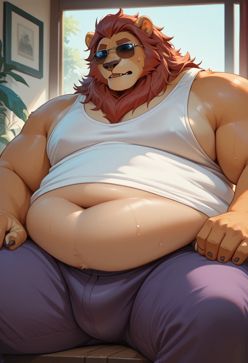 (best quality,4k,highres),realistic,portrait,lion,male,big blonde mane,blond chin,green eyes,not muscular,plump body,round belly,obese,tight and form-fitting underwear,bare chest,in a fast food restaurant with a hamburger