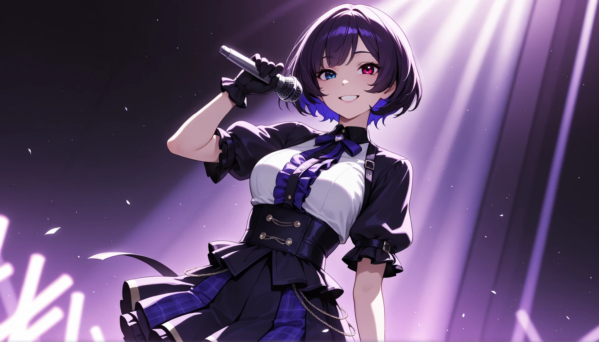 top quality, 8K, high resolution, high contrast with a silver gun,1girl, Japanese idols on stage, short skirt, has a microphone, The upper body is visible, Smiling adult woman , dark purple short hair, heterochromia iris(Red Eyes,blue eyes), eyes with highlights,(beautiful detailed face), Moderate bust, Precise and Beautiful Scenery