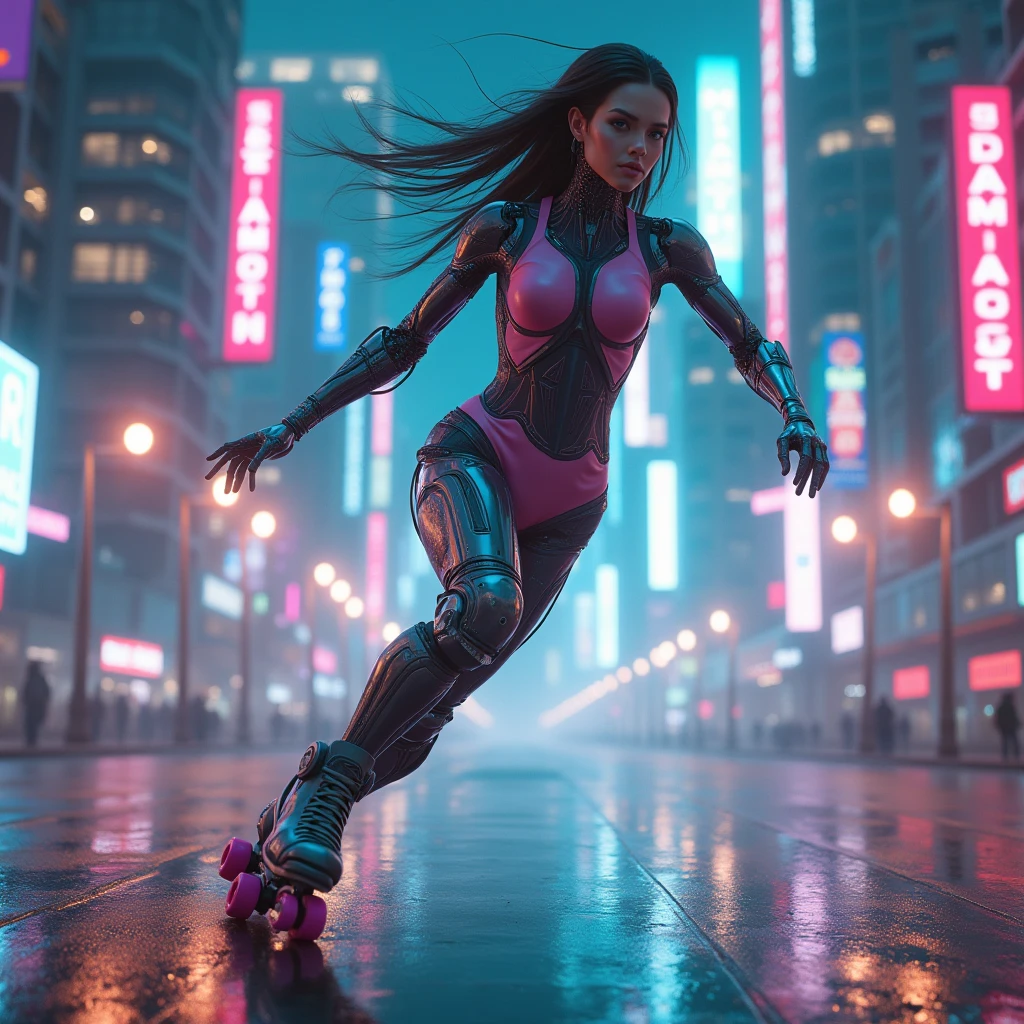 photo-realistic, ultra-realistic, very beautiful Japanese futuristic soldier, famous Japanese idol, 25 years old, dramatic scene, masterpiece, beautiful eyes, roller skating On the dish of nasa's giant parabolic antenna, skyscrapers, (cyber punk glossy mecha armor suits with neon sign), acrobatic pose, dynamic angle, dangerous place, (face focus),