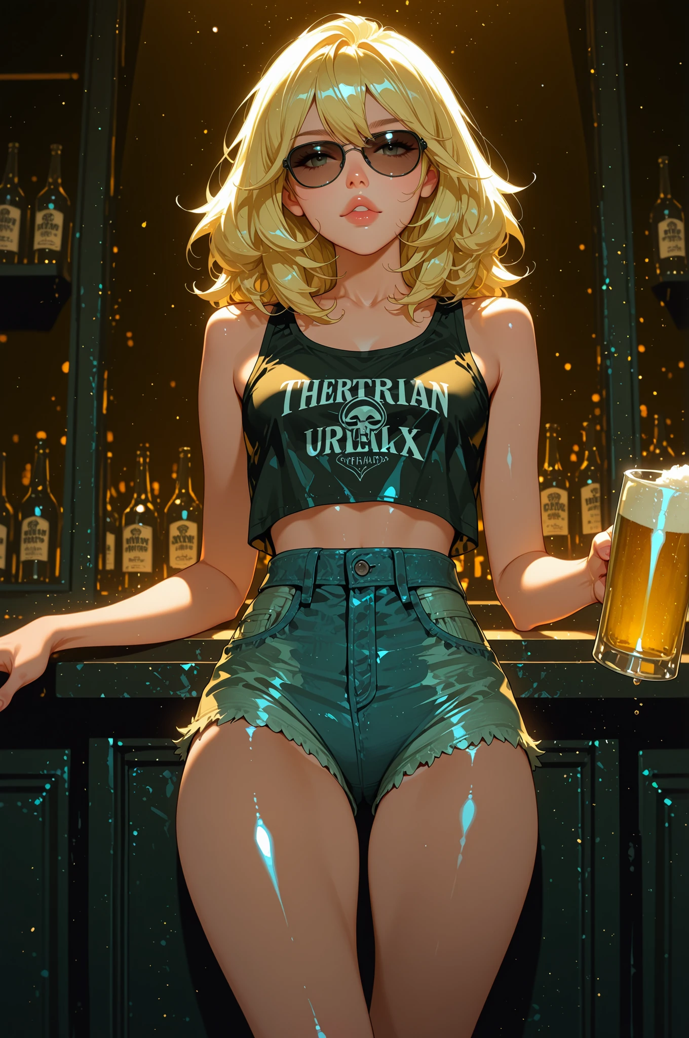 best quality, very detailed, full frame, in an empty nightclub, hazy ambient details, 1 Californian girl, Blonde hair,  dynamic pose, slender slim body, holding one glass of beer and cheering, sunglasses, glossy lips, dressed in a Lurex tank top and Denim crop shorts, the girl looks at the viewer, dynamic lighting