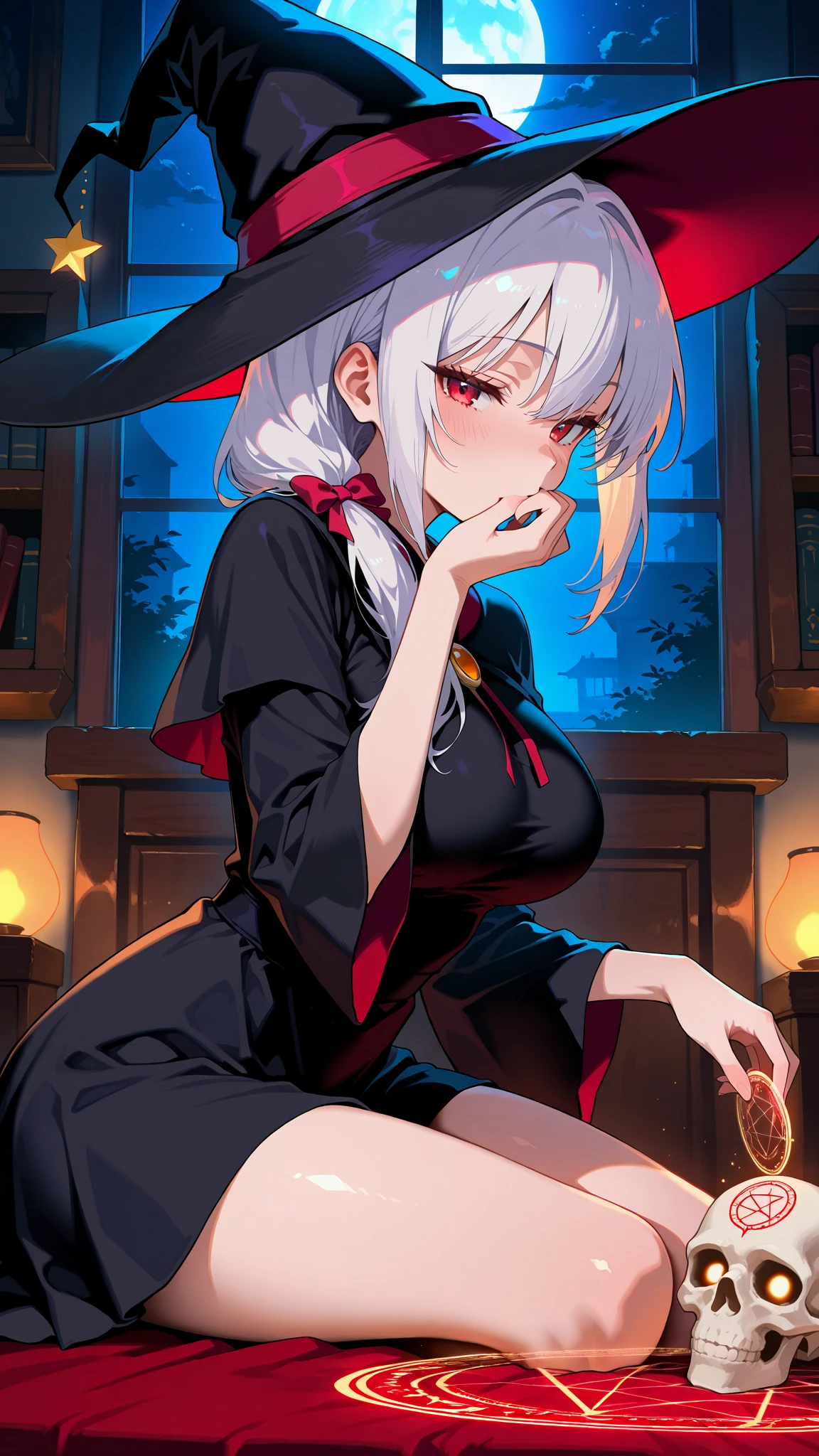 (8K、Original Photography、Top quality、masterpiece:1.2)、illustration、Ultra Detailed、Ultra-high resolution、individual,White long hair,Half-exposed navel,Pure black Japanese high school girl clothes,Black clothes,Lying on the pure white sofa,Wide-brimmed black wizard hat,full-body shot,16 years old,White hair,White socks,Red eyes,Black girls high school skirt,blush,Smile at you,Devil Heart Tail
