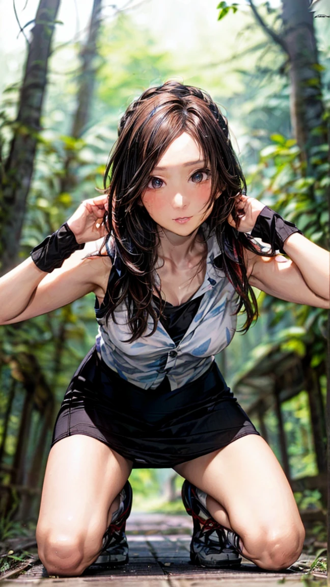 She is wearing black pantyhose without underwear、Riders in short red leather jackets