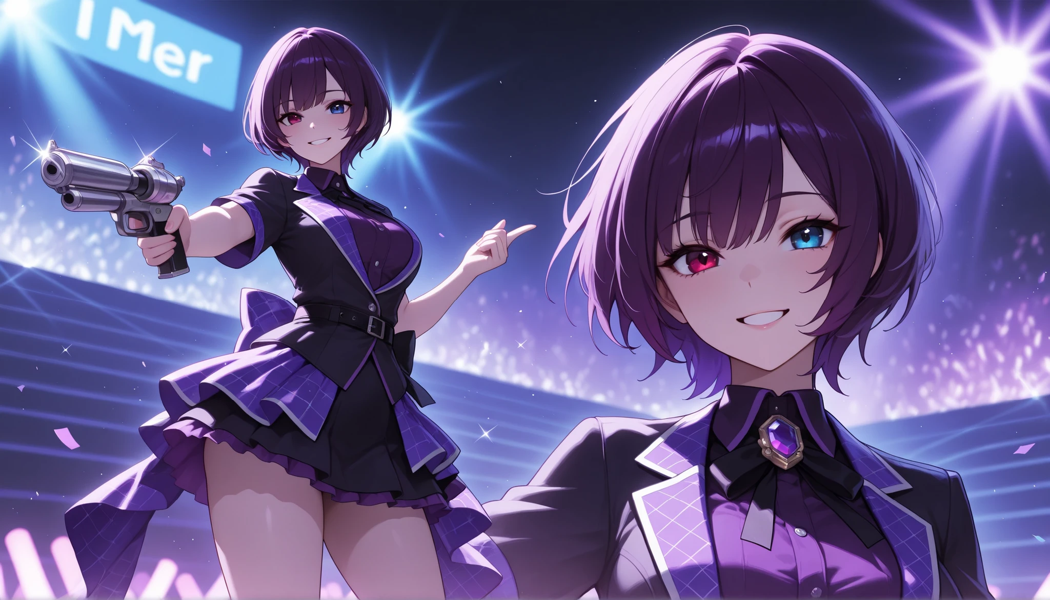 top quality, 8K, 4K, high resolution, high contrast with a silver gun,1girl, Japanese idol standing on an outdoor stage, I'm wearing a purple jewel, short skirt, close-up, Smiling adult woman , dark purple short hair, heterochromia iris(Red Eyes,blue eyes), eyes with highlights,(beautiful detailed face), Moderate bust,  Precise and Beautiful Scenery